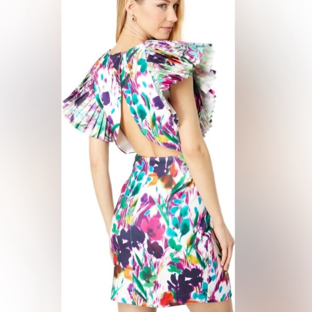 One33 Social Painterly Pleated Cap-Sleeve Minidress